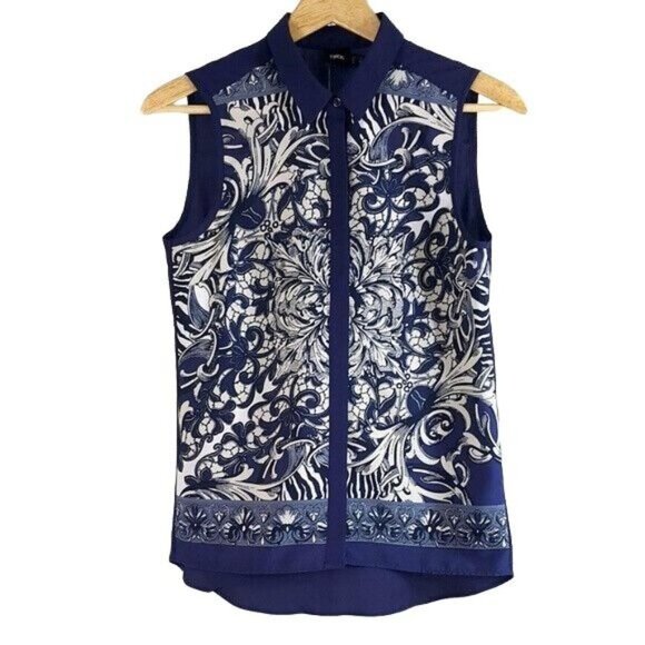 ASOS Floral Button Up Top Blue Size 4 Cream High Low Hem Band Collar Sleeveless - Picture 5 of 6